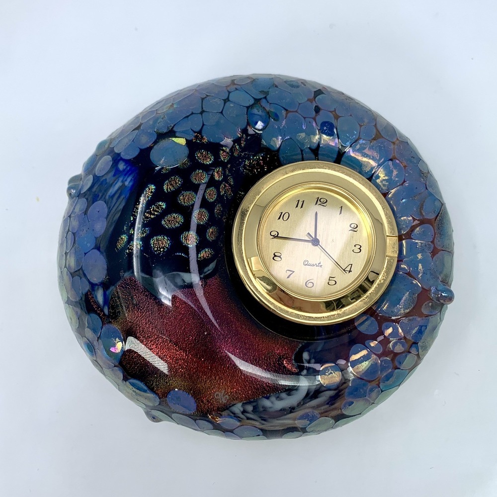 Vtg Art Glass Paperweight Clock Hal Wahlborg Studio Abstract Blue 4.5" **READ**
